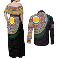 Shefa Tribal Tattoo with Namele Leaves Couples Matching Off Shoulder Maxi Dress and Long Sleeve Button Shirt