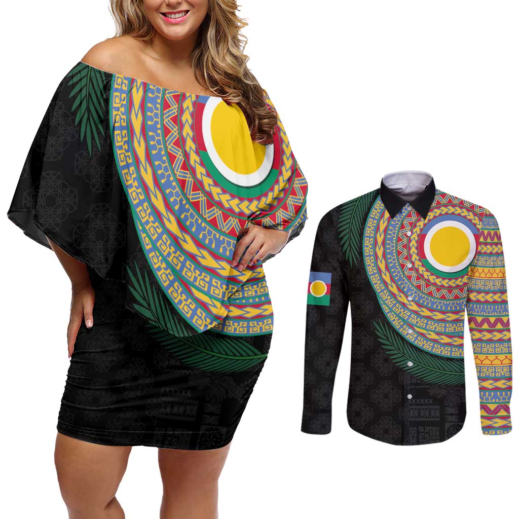 Shefa Tribal Tattoo with Namele Leaves Couples Matching Off Shoulder Short Dress and Long Sleeve Button Shirt