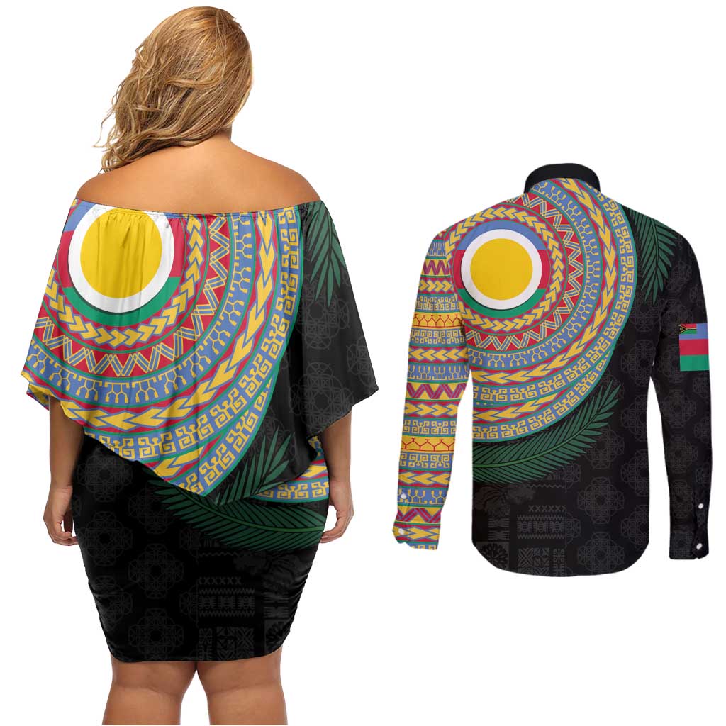 Shefa Tribal Tattoo with Namele Leaves Couples Matching Off Shoulder Short Dress and Long Sleeve Button Shirt