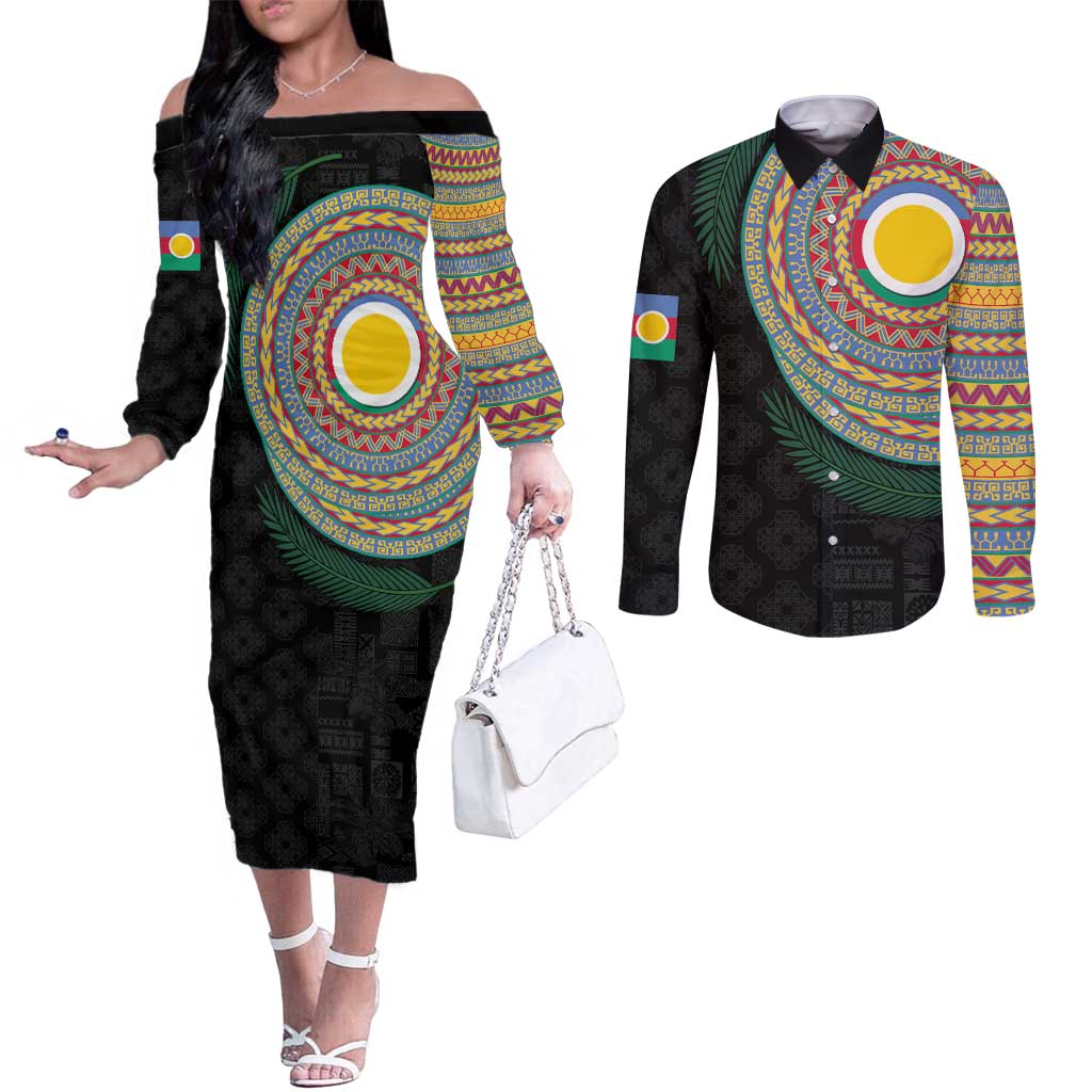 Shefa Tribal Tattoo with Namele Leaves Couples Matching Off The Shoulder Long Sleeve Dress and Long Sleeve Button Shirt