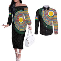 Shefa Tribal Tattoo with Namele Leaves Couples Matching Off The Shoulder Long Sleeve Dress and Long Sleeve Button Shirt