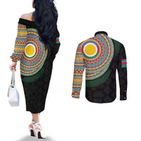 Shefa Tribal Tattoo with Namele Leaves Couples Matching Off The Shoulder Long Sleeve Dress and Long Sleeve Button Shirt