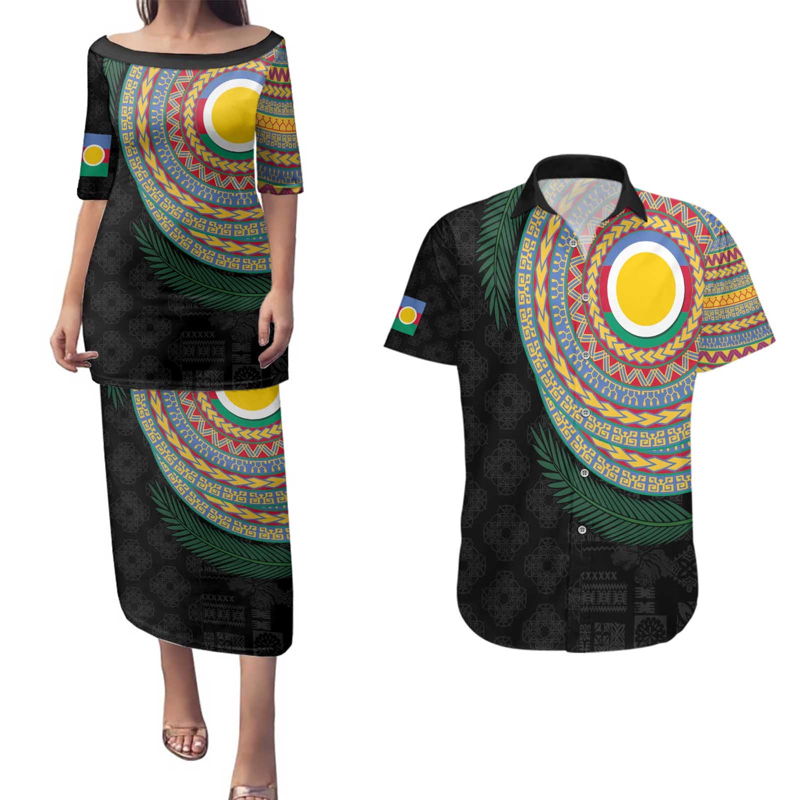 Shefa Tribal Tattoo with Namele Leaves Couples Matching Puletasi and Hawaiian Shirt