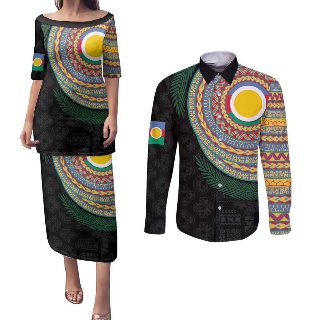 Shefa Tribal Tattoo with Namele Leaves Couples Matching Puletasi and Long Sleeve Button Shirt