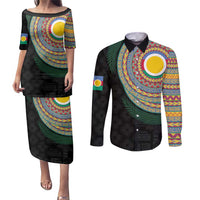 Shefa Tribal Tattoo with Namele Leaves Couples Matching Puletasi and Long Sleeve Button Shirt