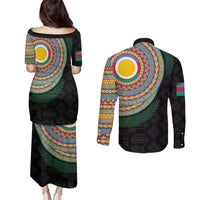 Shefa Tribal Tattoo with Namele Leaves Couples Matching Puletasi and Long Sleeve Button Shirt