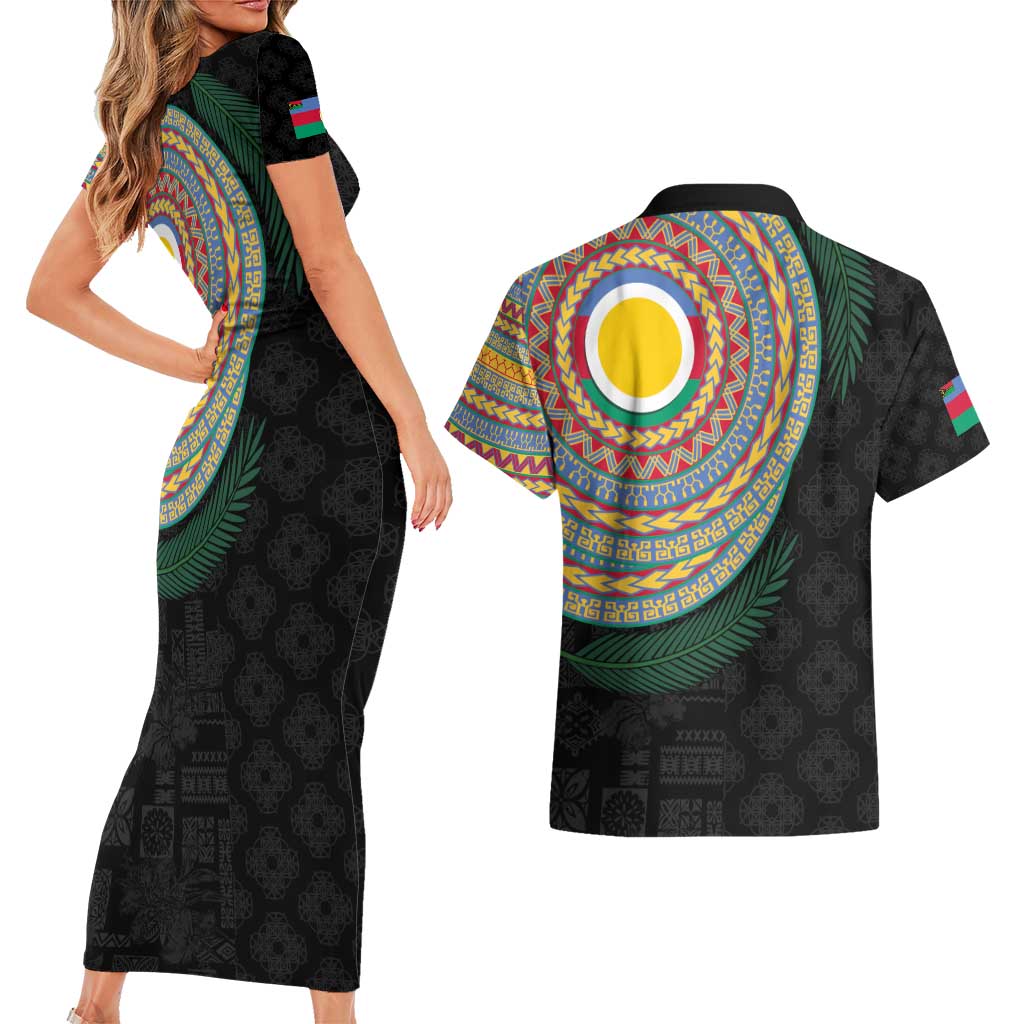 Shefa Tribal Tattoo with Namele Leaves Couples Matching Short Sleeve Bodycon Dress and Hawaiian Shirt