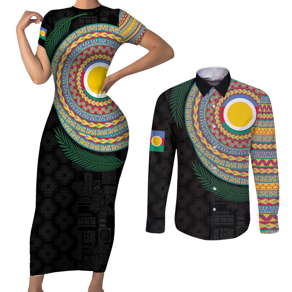Shefa Tribal Tattoo with Namele Leaves Couples Matching Short Sleeve Bodycon Dress and Long Sleeve Button Shirt