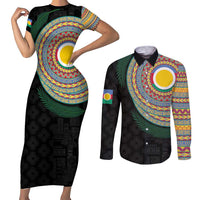 Shefa Tribal Tattoo with Namele Leaves Couples Matching Short Sleeve Bodycon Dress and Long Sleeve Button Shirt