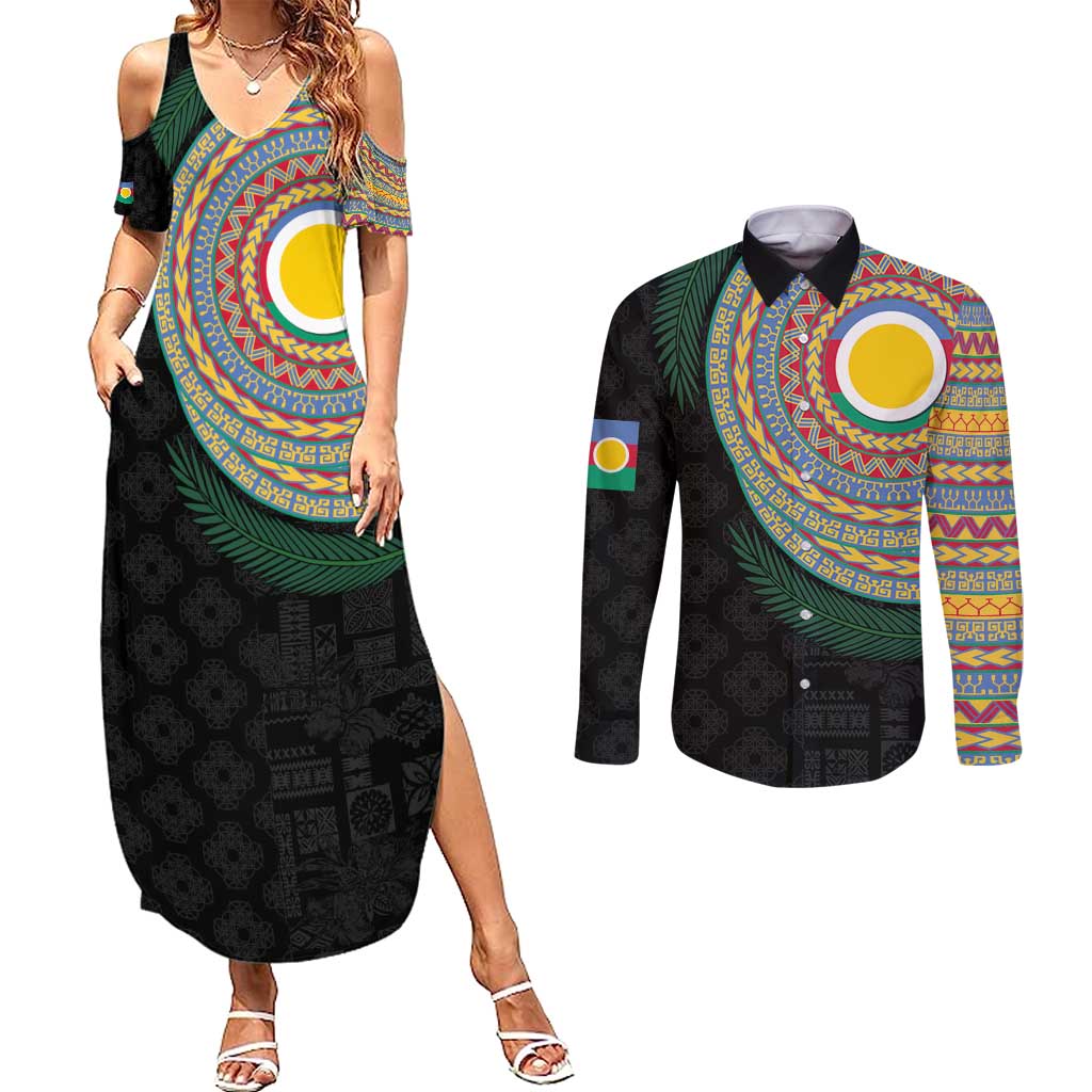 Shefa Tribal Tattoo with Namele Leaves Couples Matching Summer Maxi Dress and Long Sleeve Button Shirt