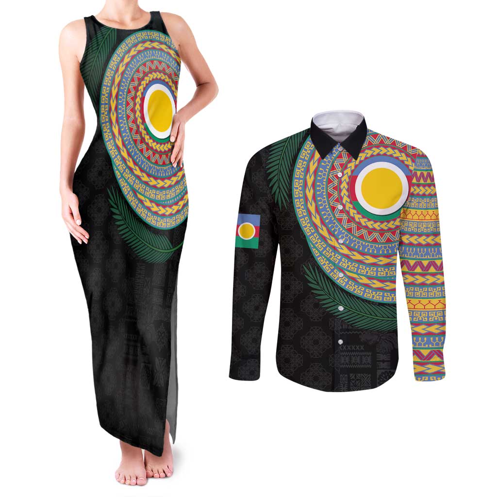 Shefa Tribal Tattoo with Namele Leaves Couples Matching Tank Maxi Dress and Long Sleeve Button Shirt