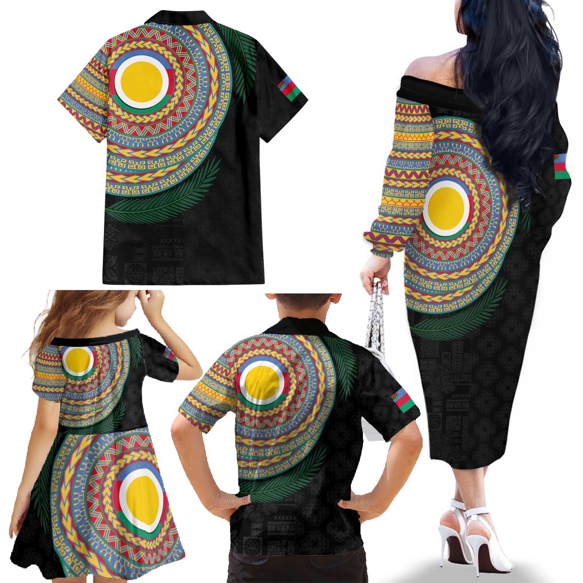 Shefa Tribal Tattoo with Namele Leaves Family Matching Off The Shoulder Long Sleeve Dress and Hawaiian Shirt