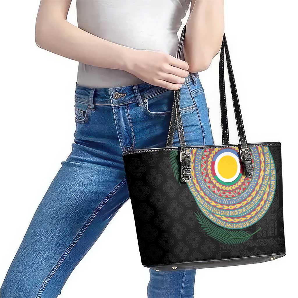 Shefa Tribal Tattoo with Namele Leaves Leather Tote Bag