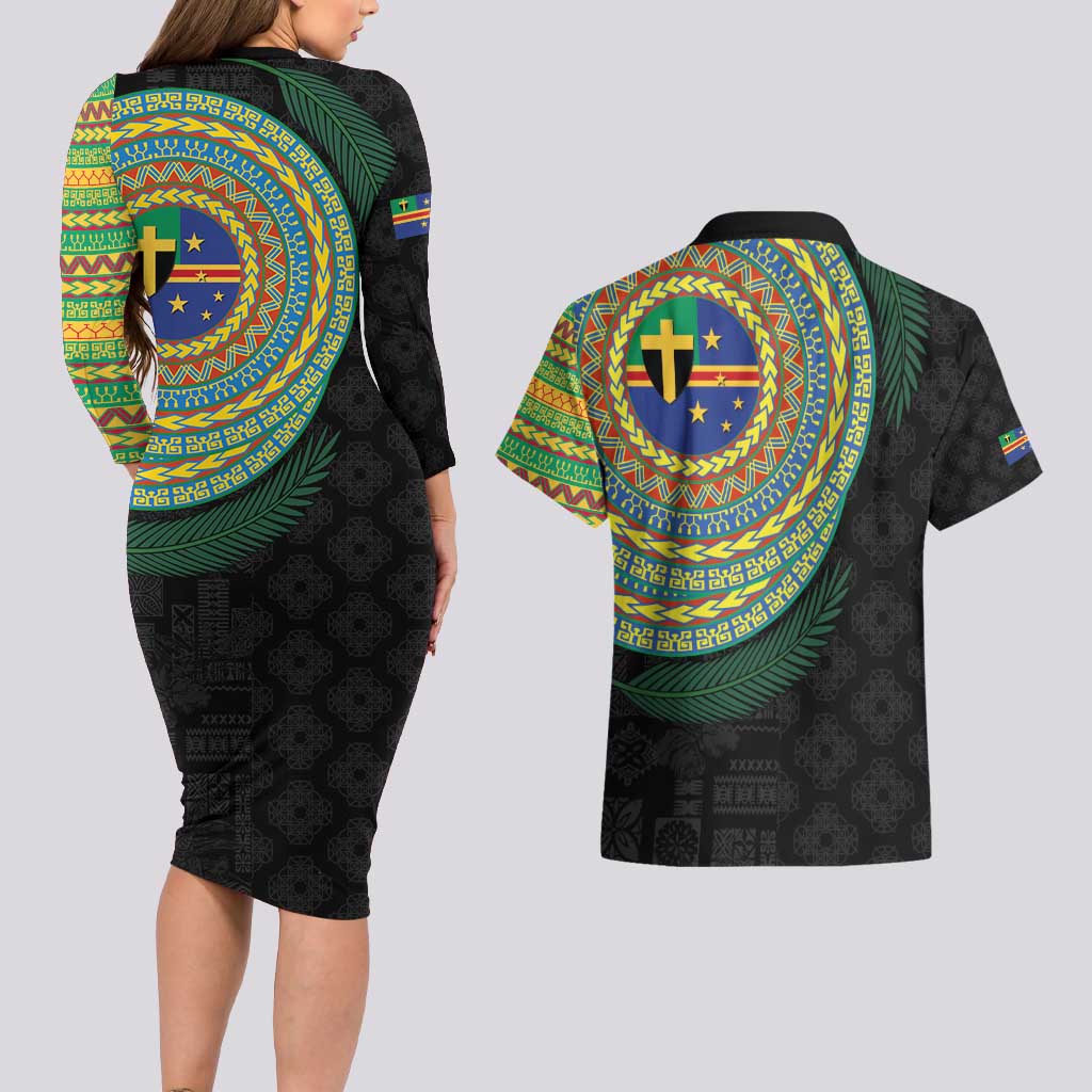 Tafea Tribal Tattoo with Namele Leaves Couples Matching Long Sleeve Bodycon Dress and Hawaiian Shirt