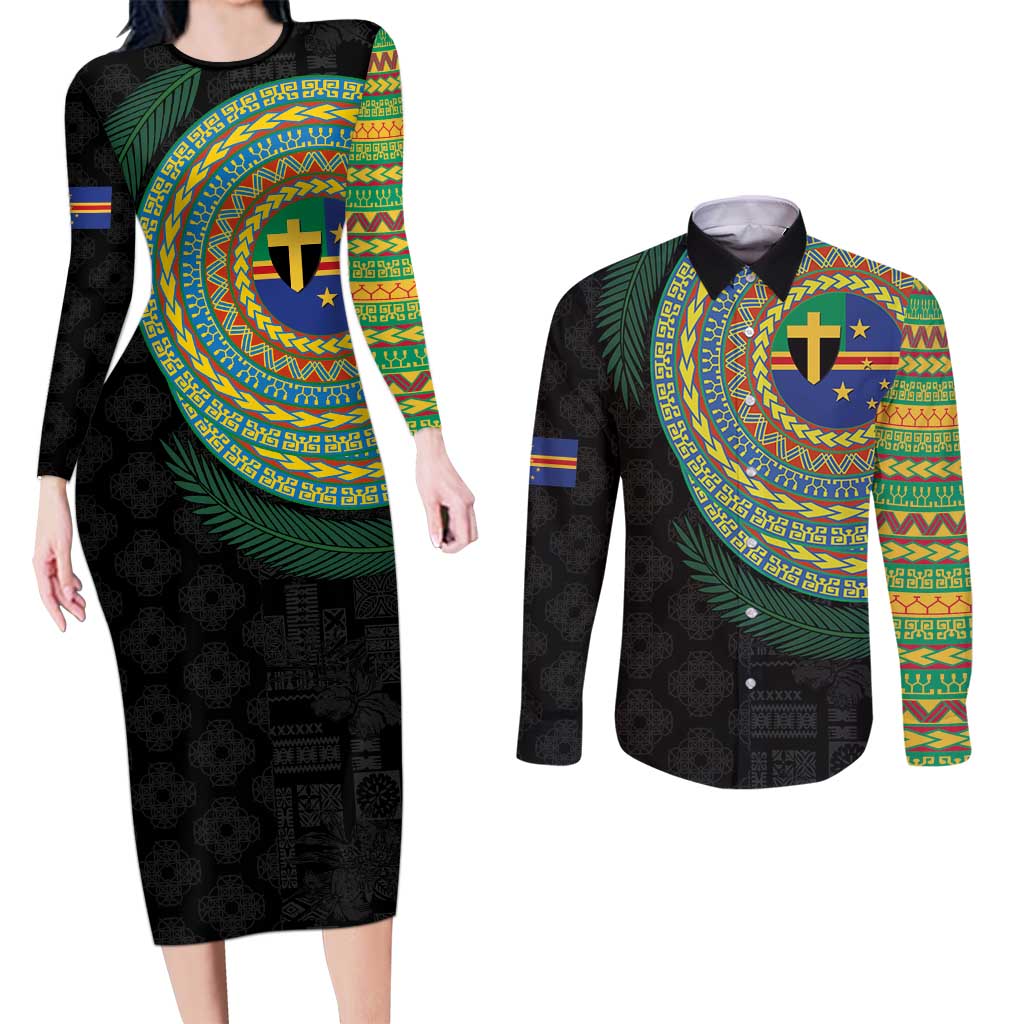 Tafea Tribal Tattoo with Namele Leaves Couples Matching Long Sleeve Bodycon Dress and Long Sleeve Button Shirt