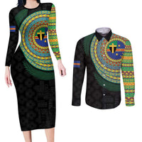 Tafea Tribal Tattoo with Namele Leaves Couples Matching Long Sleeve Bodycon Dress and Long Sleeve Button Shirt