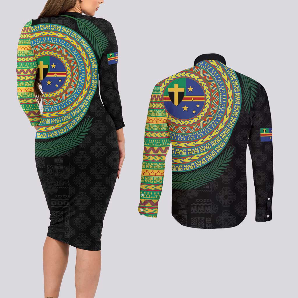 Tafea Tribal Tattoo with Namele Leaves Couples Matching Long Sleeve Bodycon Dress and Long Sleeve Button Shirt