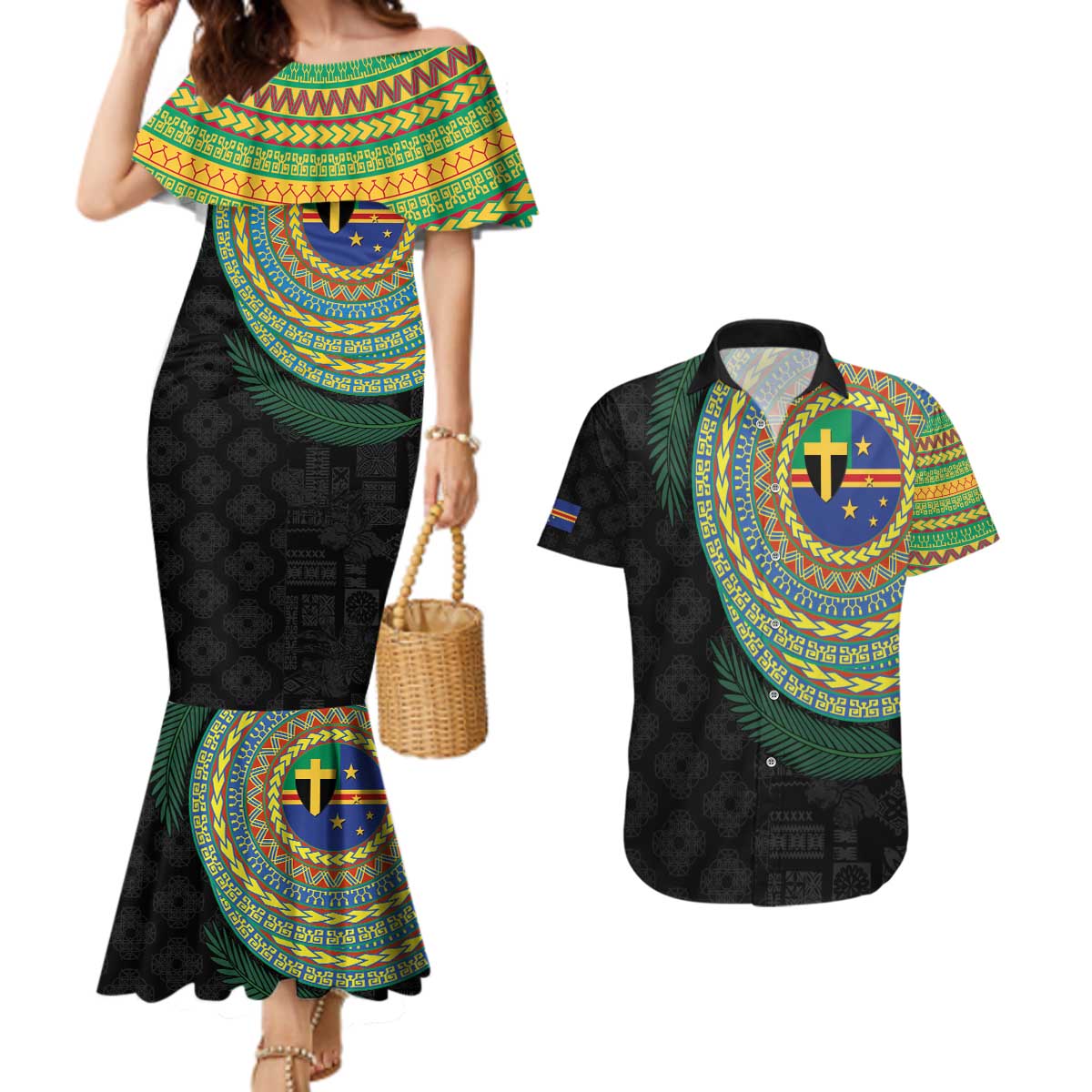 Tafea Tribal Tattoo with Namele Leaves Couples Matching Mermaid Dress and Hawaiian Shirt