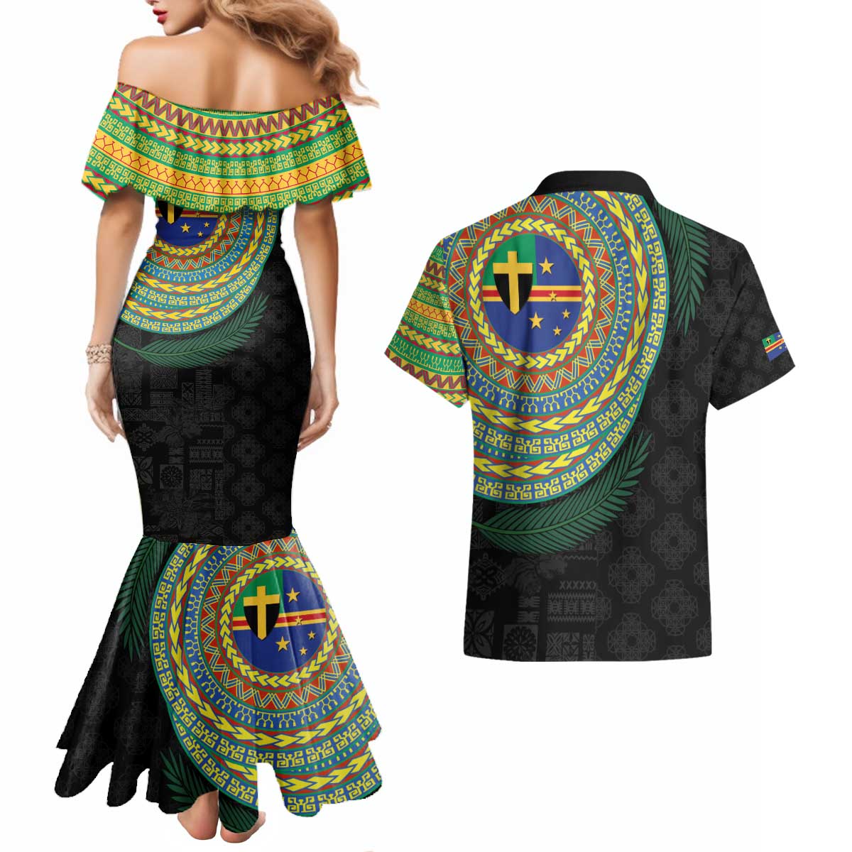 Tafea Tribal Tattoo with Namele Leaves Couples Matching Mermaid Dress and Hawaiian Shirt