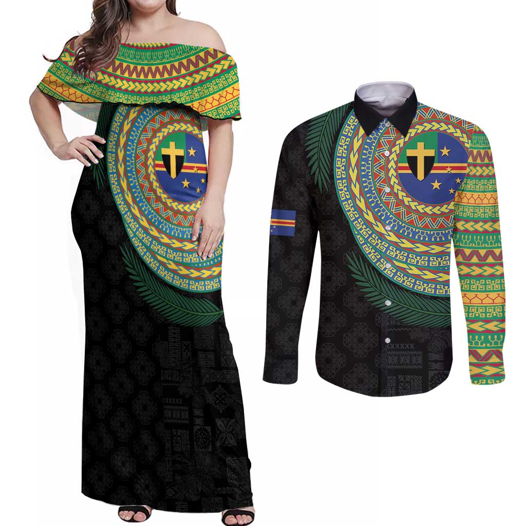 Tafea Tribal Tattoo with Namele Leaves Couples Matching Off Shoulder Maxi Dress and Long Sleeve Button Shirt