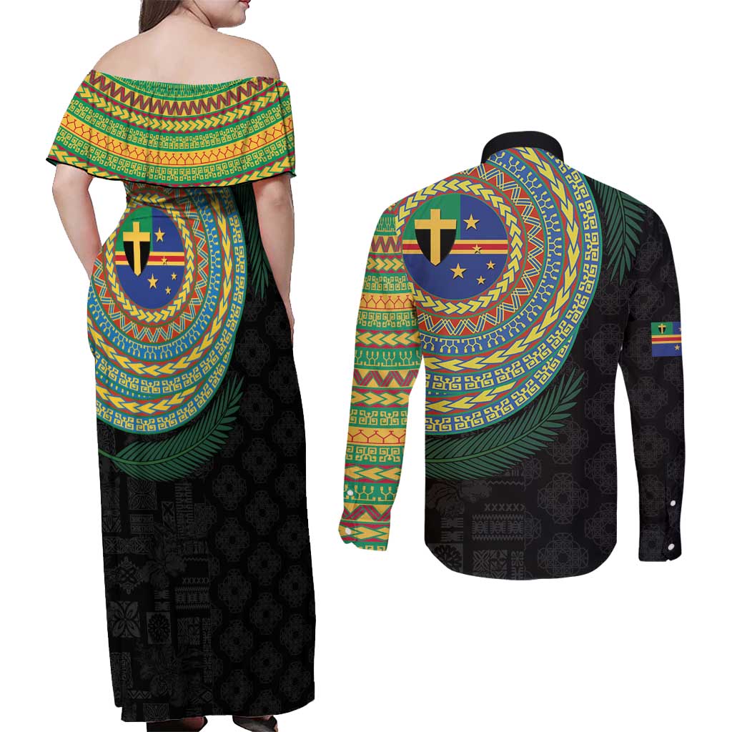 Tafea Tribal Tattoo with Namele Leaves Couples Matching Off Shoulder Maxi Dress and Long Sleeve Button Shirt