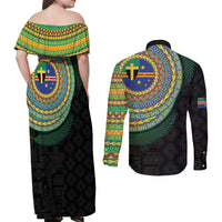 Tafea Tribal Tattoo with Namele Leaves Couples Matching Off Shoulder Maxi Dress and Long Sleeve Button Shirt
