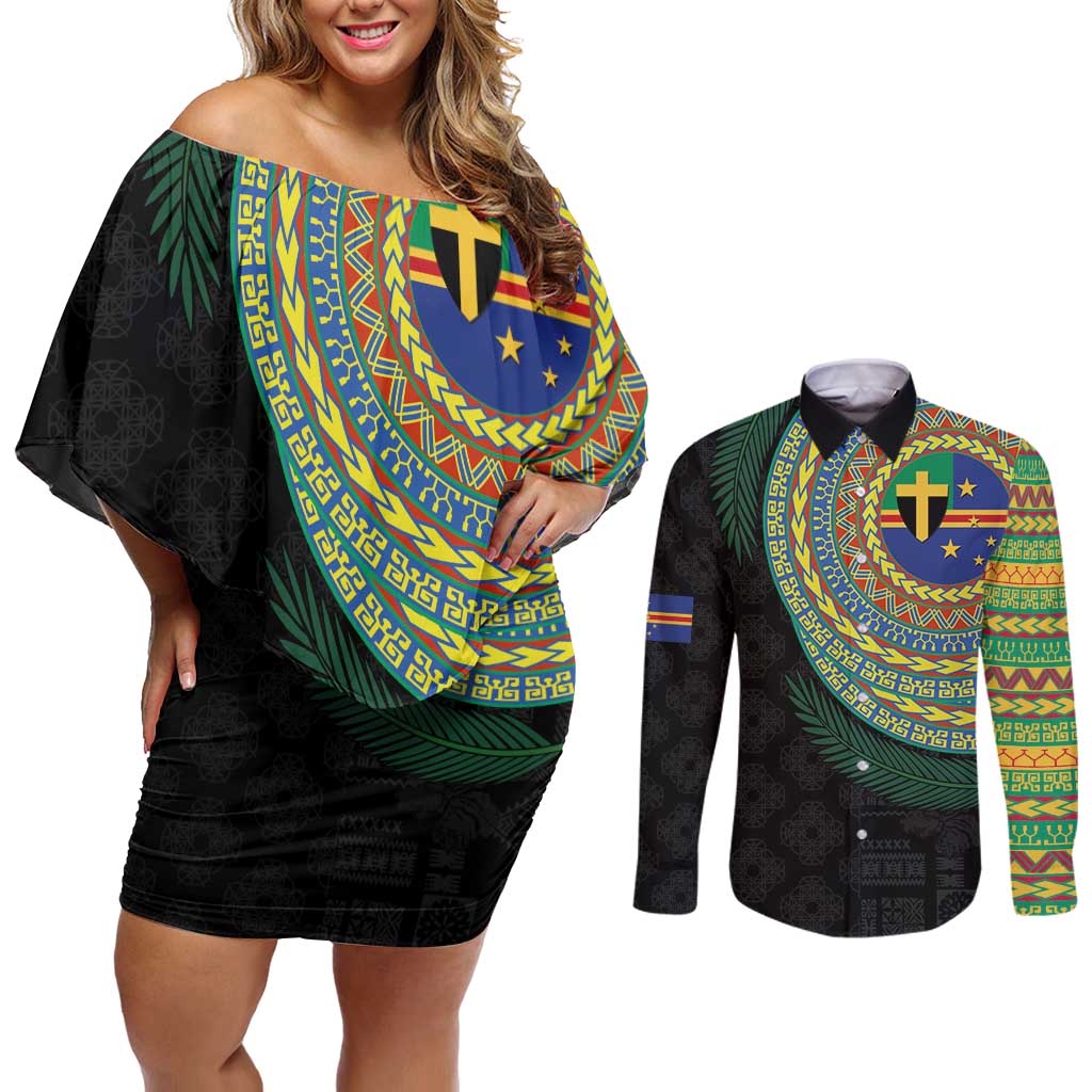 Tafea Tribal Tattoo with Namele Leaves Couples Matching Off Shoulder Short Dress and Long Sleeve Button Shirt