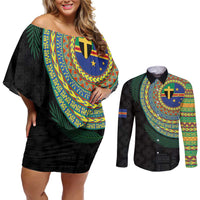 Tafea Tribal Tattoo with Namele Leaves Couples Matching Off Shoulder Short Dress and Long Sleeve Button Shirt