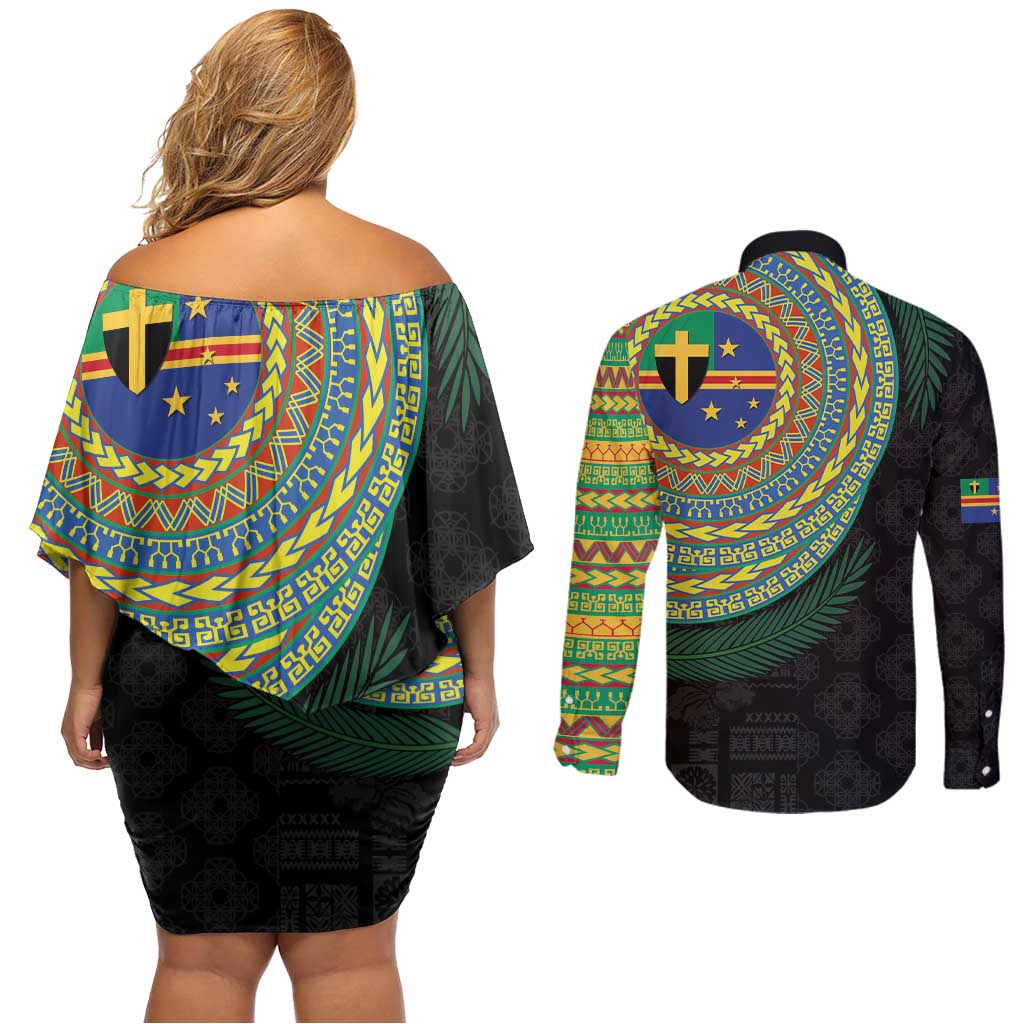 Tafea Tribal Tattoo with Namele Leaves Couples Matching Off Shoulder Short Dress and Long Sleeve Button Shirt