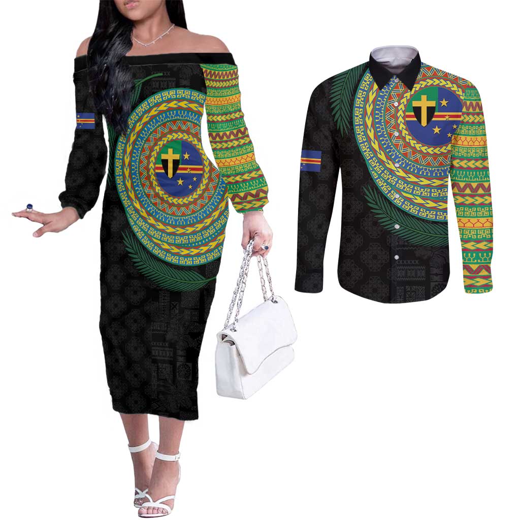 Tafea Tribal Tattoo with Namele Leaves Couples Matching Off The Shoulder Long Sleeve Dress and Long Sleeve Button Shirt