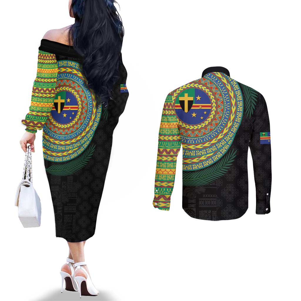 Tafea Tribal Tattoo with Namele Leaves Couples Matching Off The Shoulder Long Sleeve Dress and Long Sleeve Button Shirt