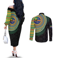 Tafea Tribal Tattoo with Namele Leaves Couples Matching Off The Shoulder Long Sleeve Dress and Long Sleeve Button Shirt
