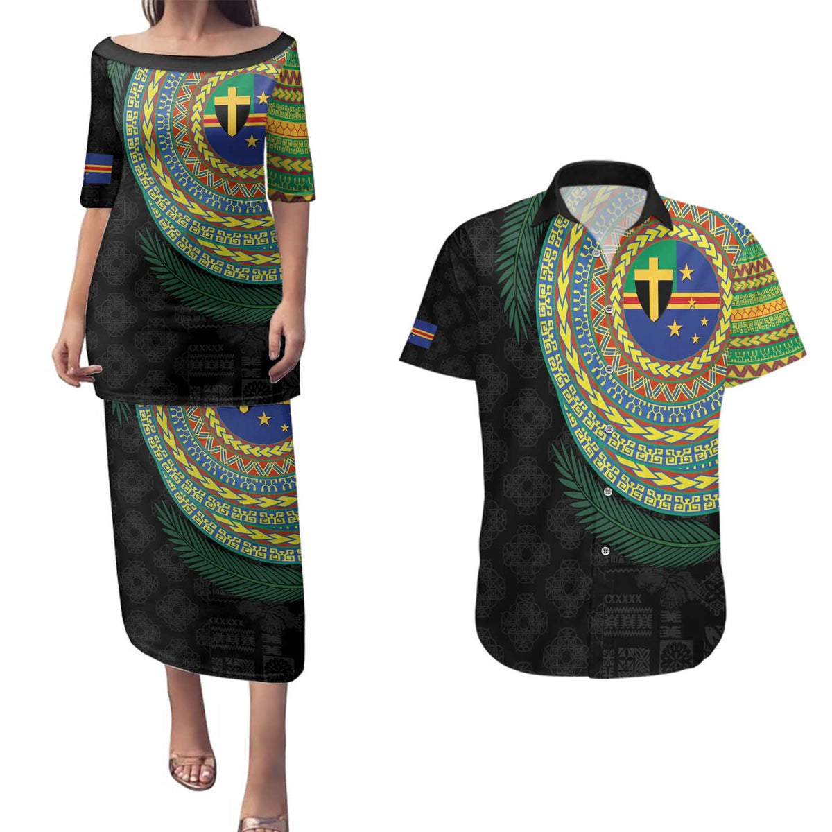 Tafea Tribal Tattoo with Namele Leaves Couples Matching Puletasi and Hawaiian Shirt