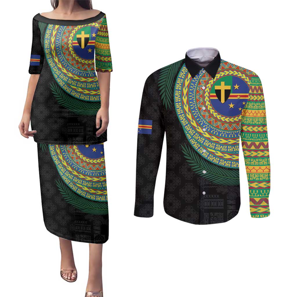 Tafea Tribal Tattoo with Namele Leaves Couples Matching Puletasi and Long Sleeve Button Shirt