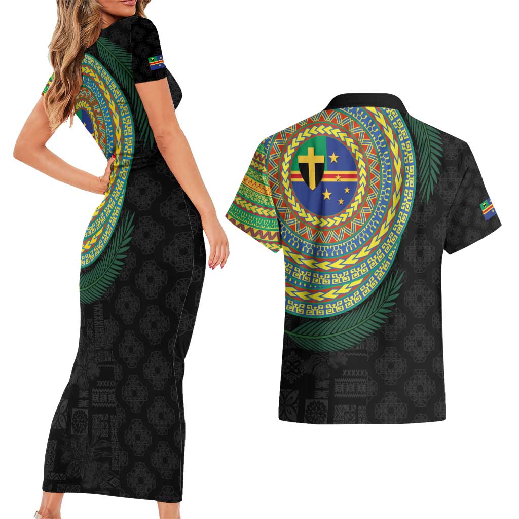 Tafea Tribal Tattoo with Namele Leaves Couples Matching Short Sleeve Bodycon Dress and Hawaiian Shirt