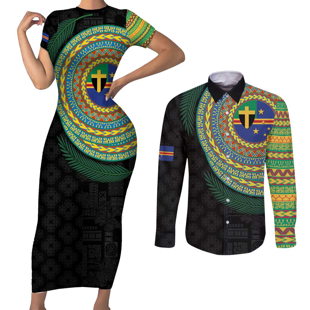 Tafea Tribal Tattoo with Namele Leaves Couples Matching Short Sleeve Bodycon Dress and Long Sleeve Button Shirt