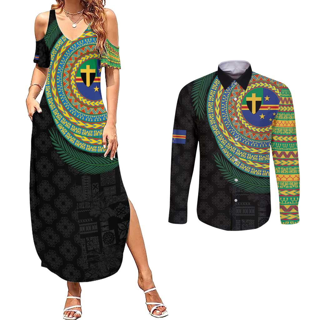 Tafea Tribal Tattoo with Namele Leaves Couples Matching Summer Maxi Dress and Long Sleeve Button Shirt