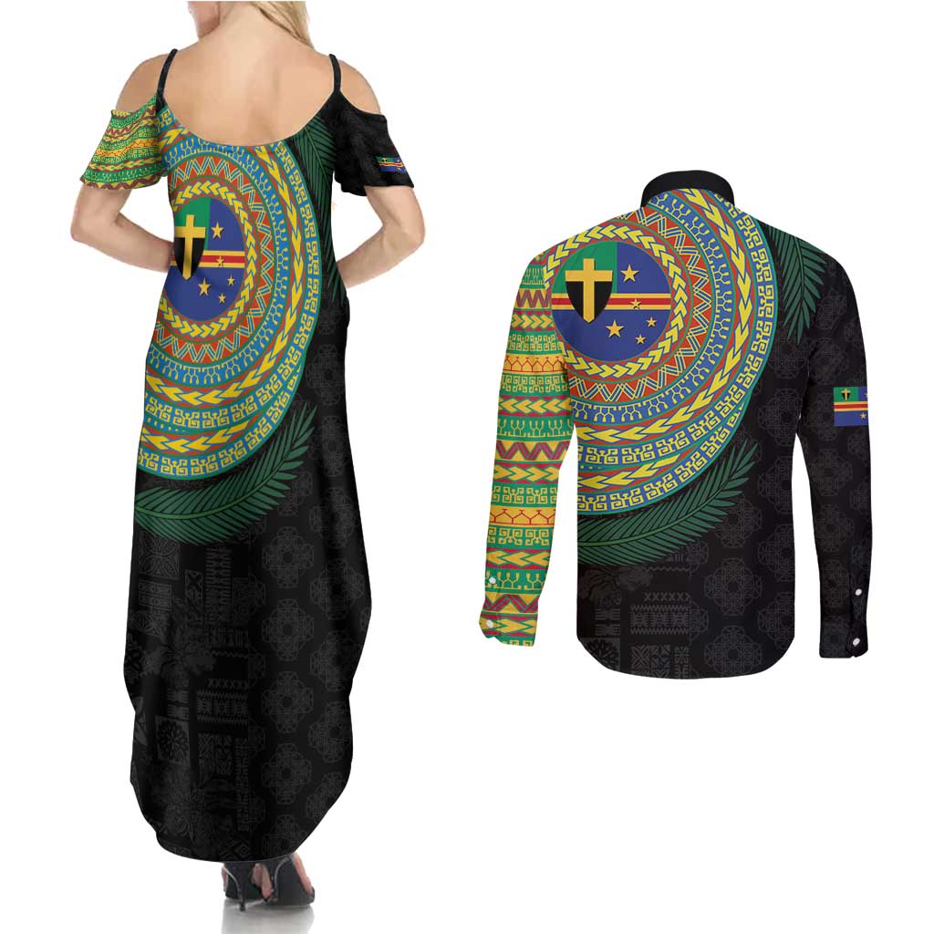 Tafea Tribal Tattoo with Namele Leaves Couples Matching Summer Maxi Dress and Long Sleeve Button Shirt
