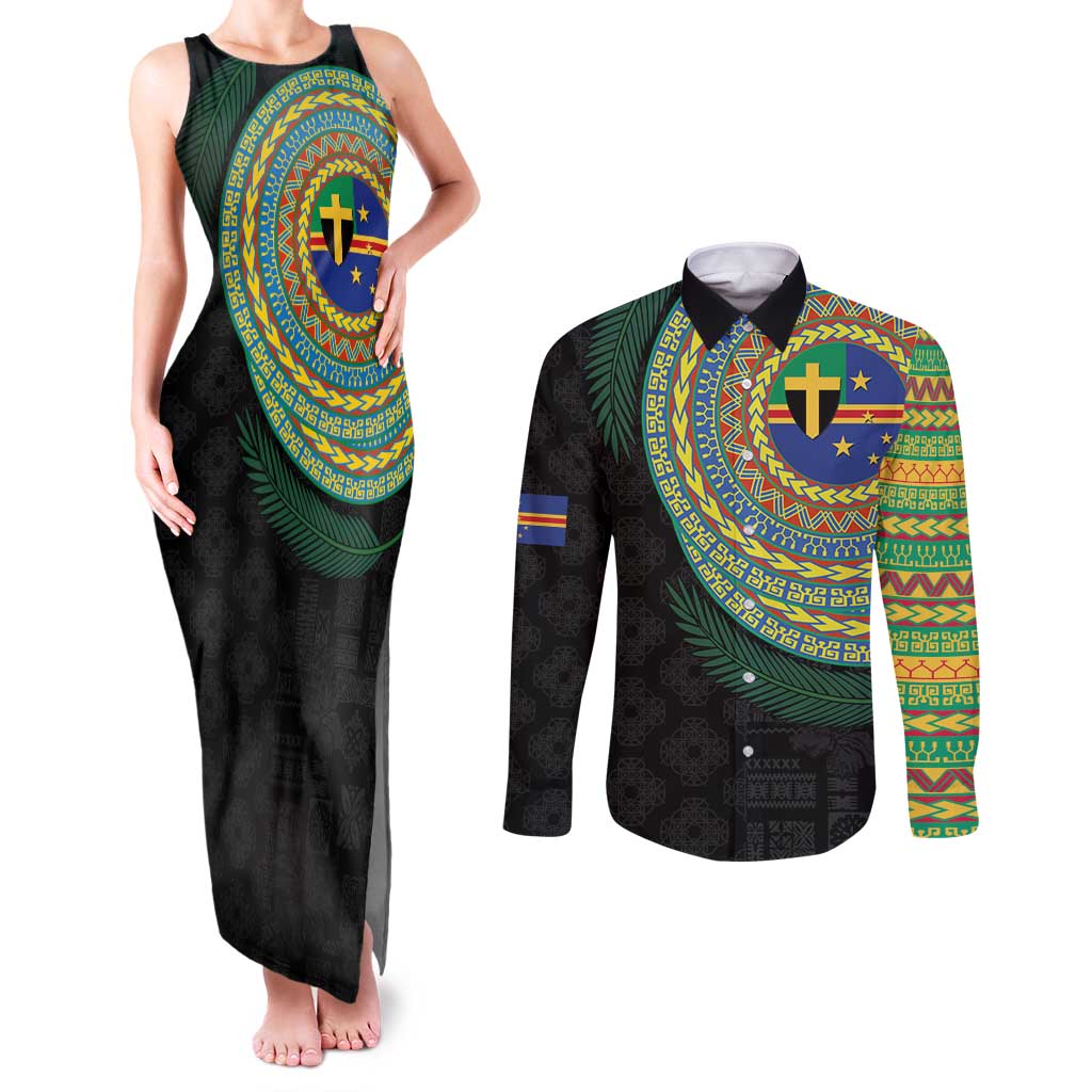Tafea Tribal Tattoo with Namele Leaves Couples Matching Tank Maxi Dress and Long Sleeve Button Shirt