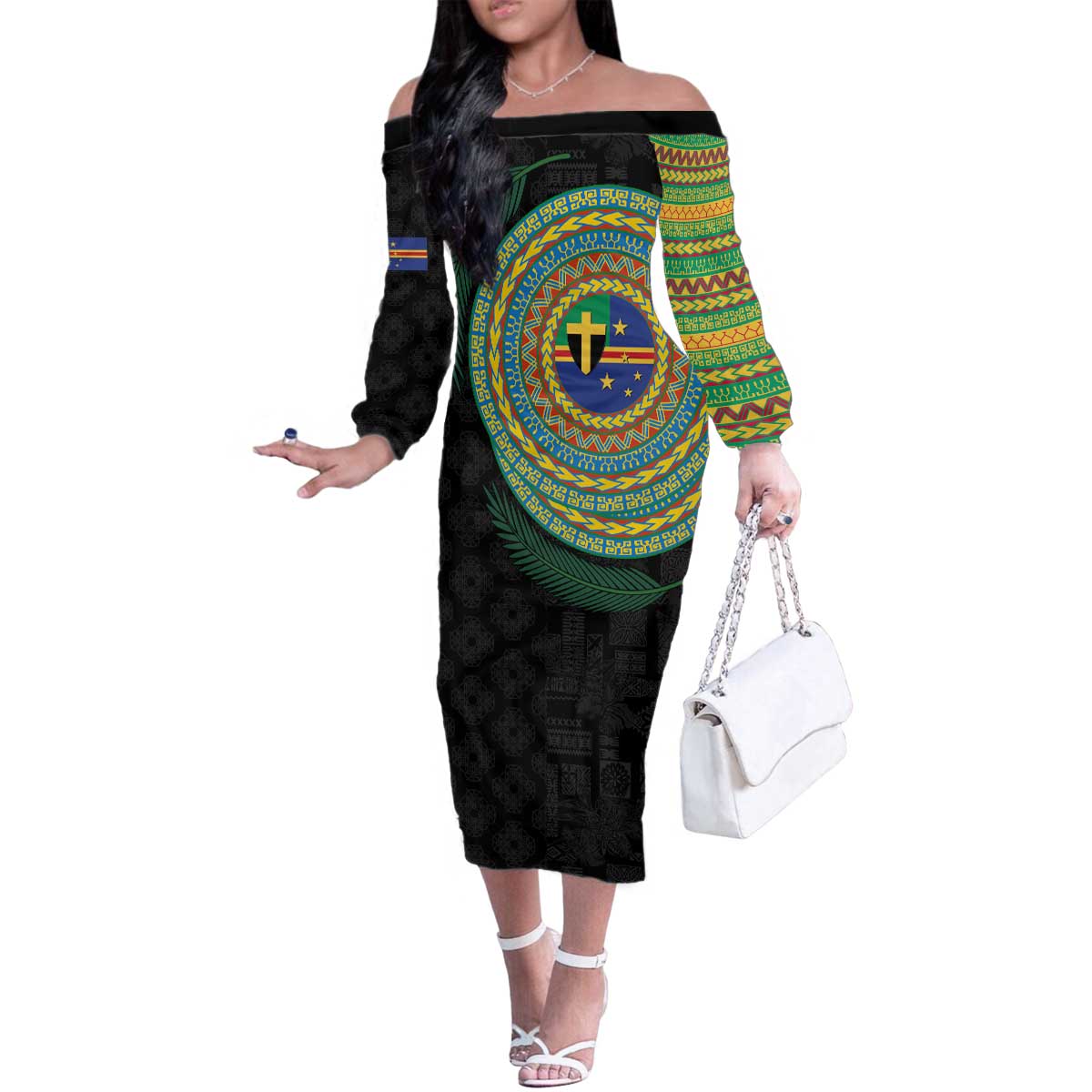 Tafea Tribal Tattoo with Namele Leaves Family Matching Off The Shoulder Long Sleeve Dress and Hawaiian Shirt