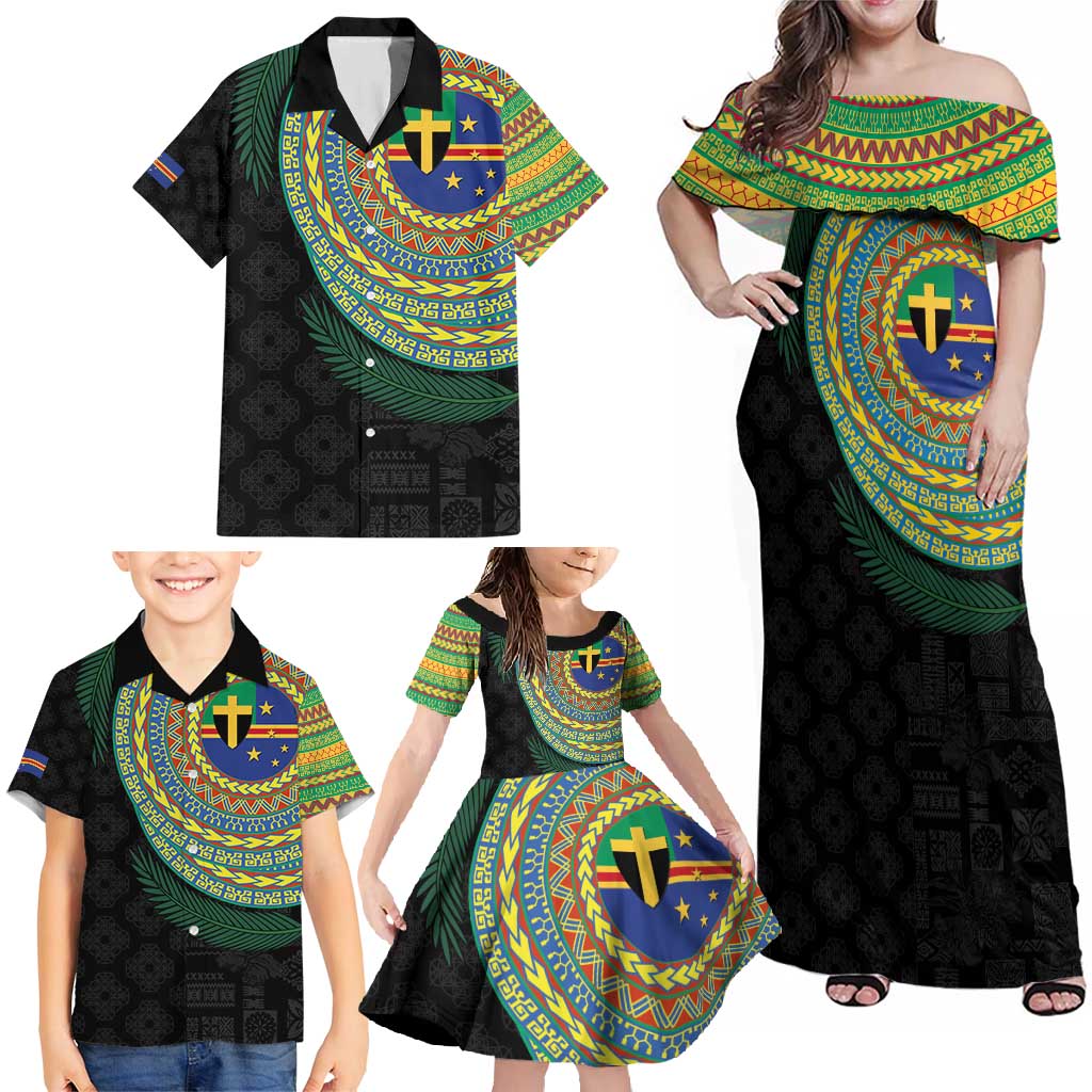 Tafea Tribal Tattoo with Namele Leaves Family Matching Off Shoulder Maxi Dress and Hawaiian Shirt