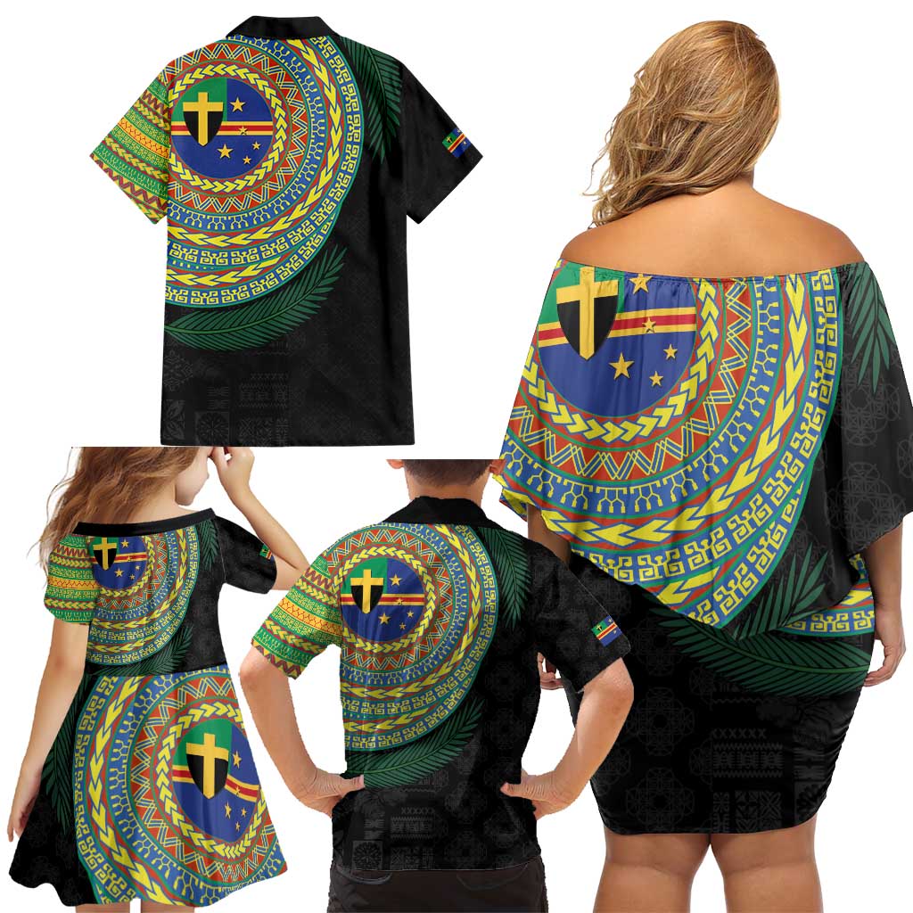Tafea Tribal Tattoo with Namele Leaves Family Matching Off Shoulder Short Dress and Hawaiian Shirt