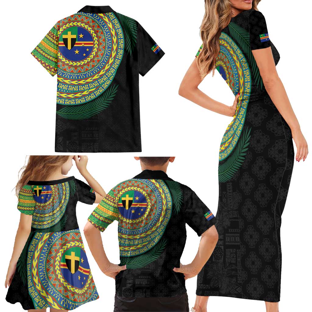 Tafea Tribal Tattoo with Namele Leaves Family Matching Short Sleeve Bodycon Dress and Hawaiian Shirt
