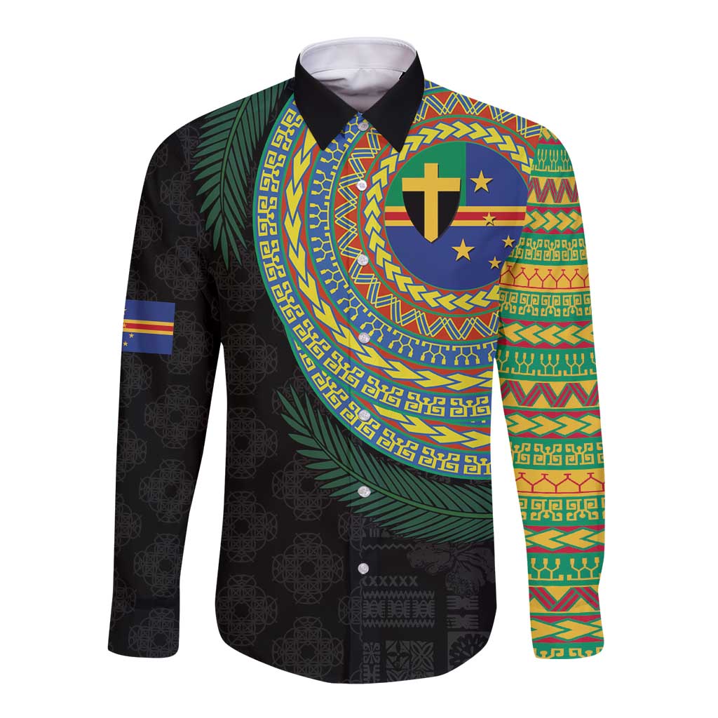 Tafea Tribal Tattoo with Namele Leaves Long Sleeve Button Shirt