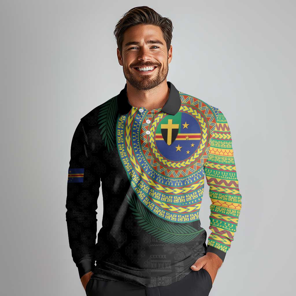 Tafea Tribal Tattoo with Namele Leaves Long Sleeve Polo Shirt