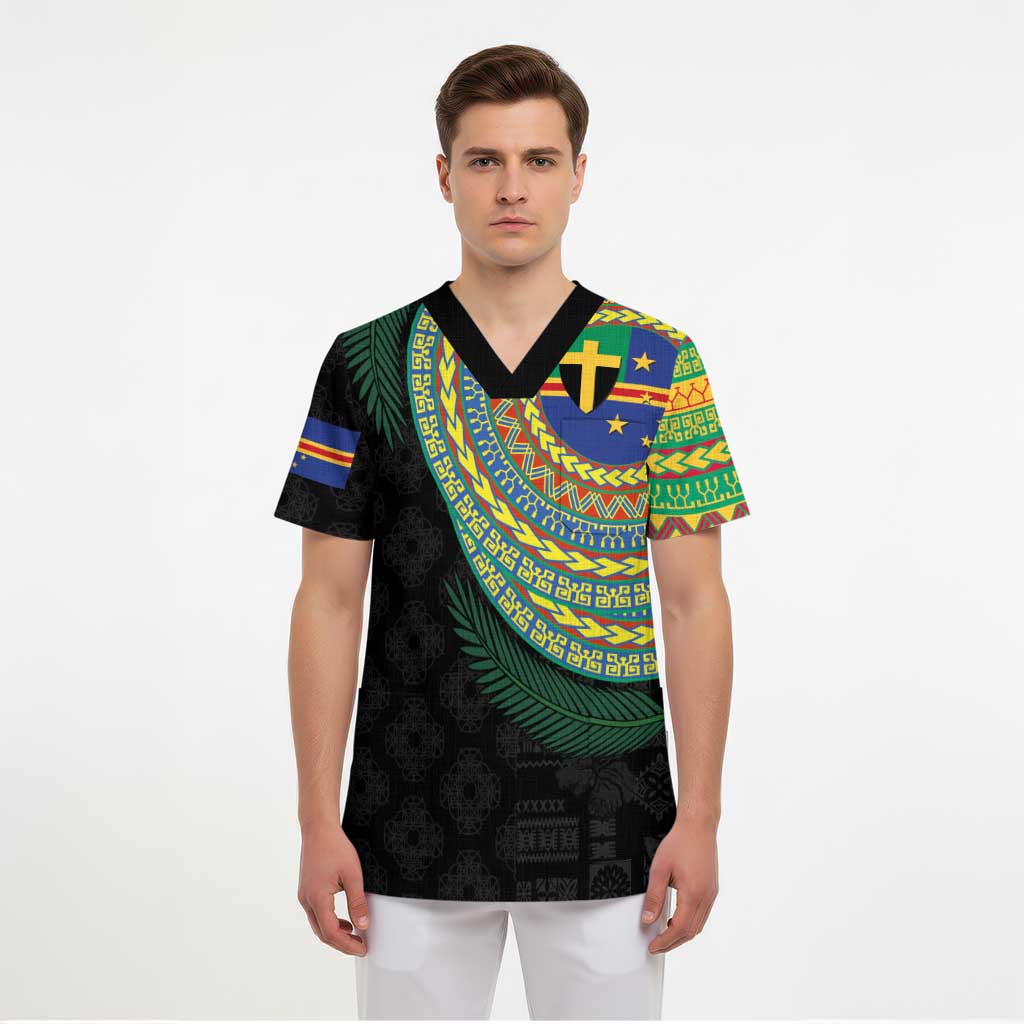 Tafea Tribal Tattoo with Namele Leaves Scrub Top - Polynesian Pride