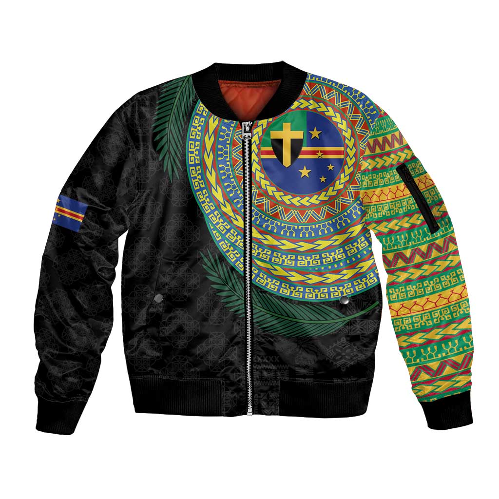 Tafea Tribal Tattoo with Namele Leaves Sleeve Zip Bomber Jacket LT03 Unisex Black - Polynesian Pride
