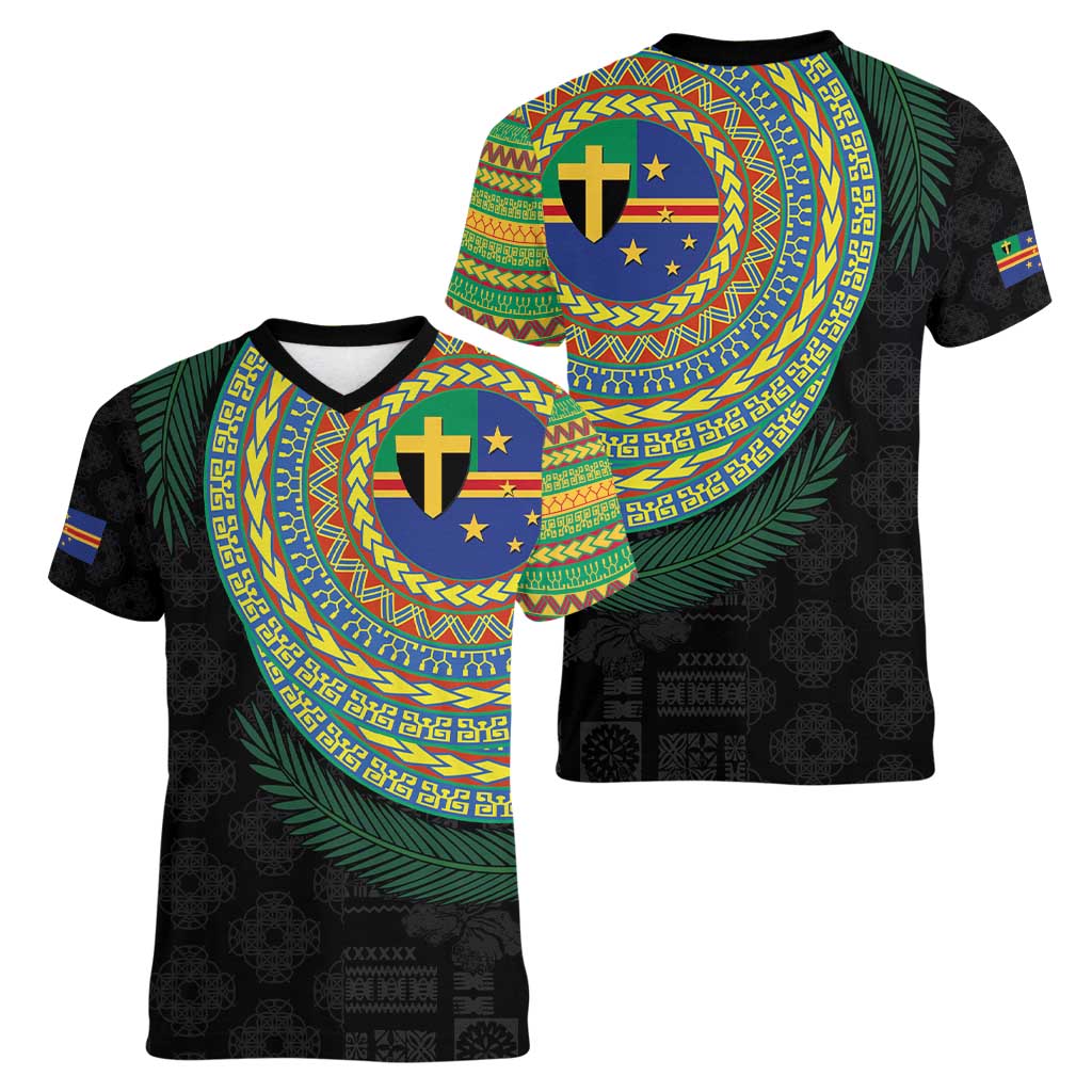 Tafea Tribal Tattoo with Namele Leaves Women V-Neck T-Shirt