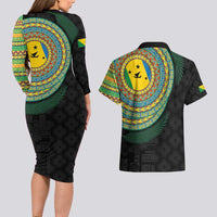 Malampa Tribal Tattoo with Namele Leaves Couples Matching Long Sleeve Bodycon Dress and Hawaiian Shirt