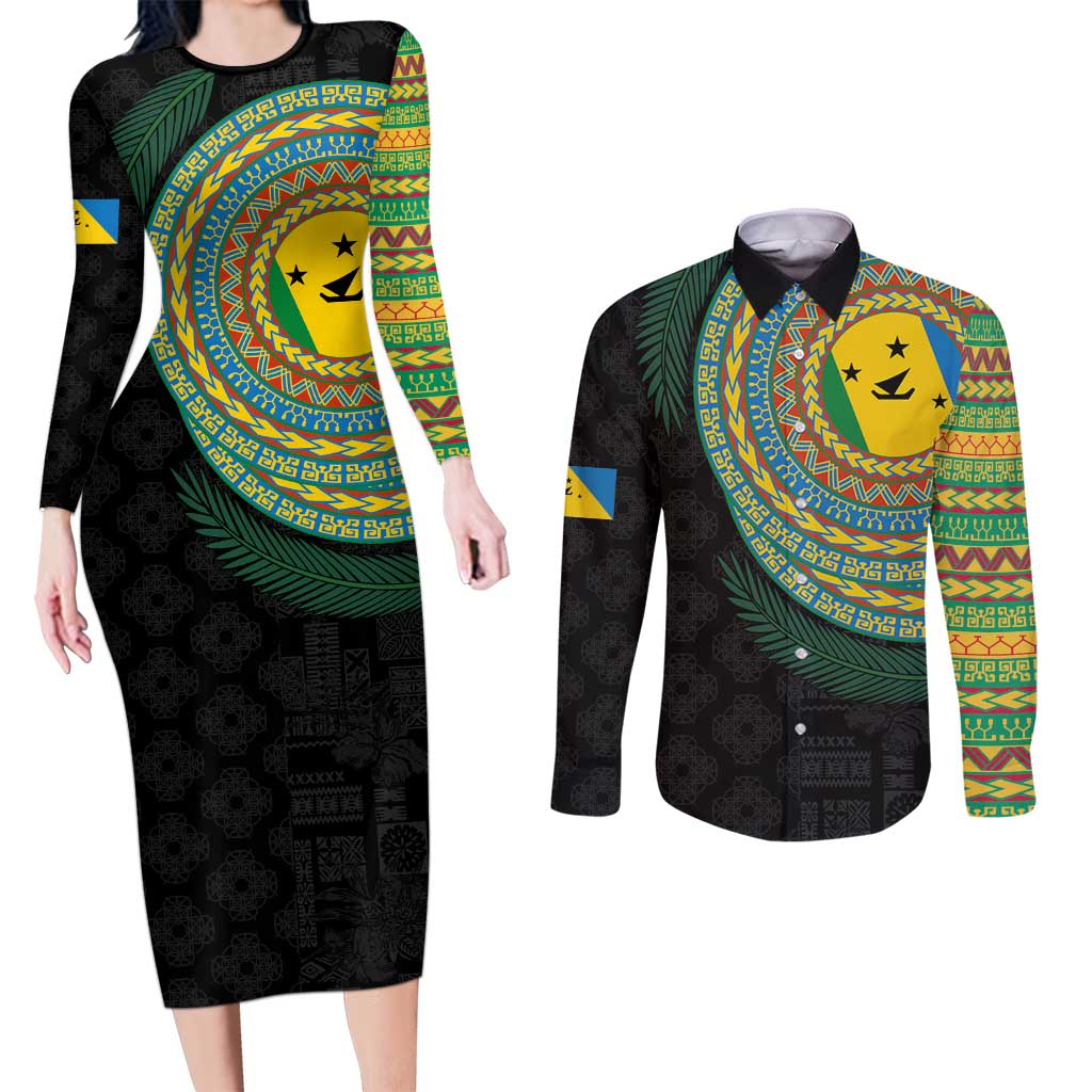 Malampa Tribal Tattoo with Namele Leaves Couples Matching Long Sleeve Bodycon Dress and Long Sleeve Button Shirt